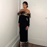 Elegant Leopard Print Fur Stitching off Shoulder Dress